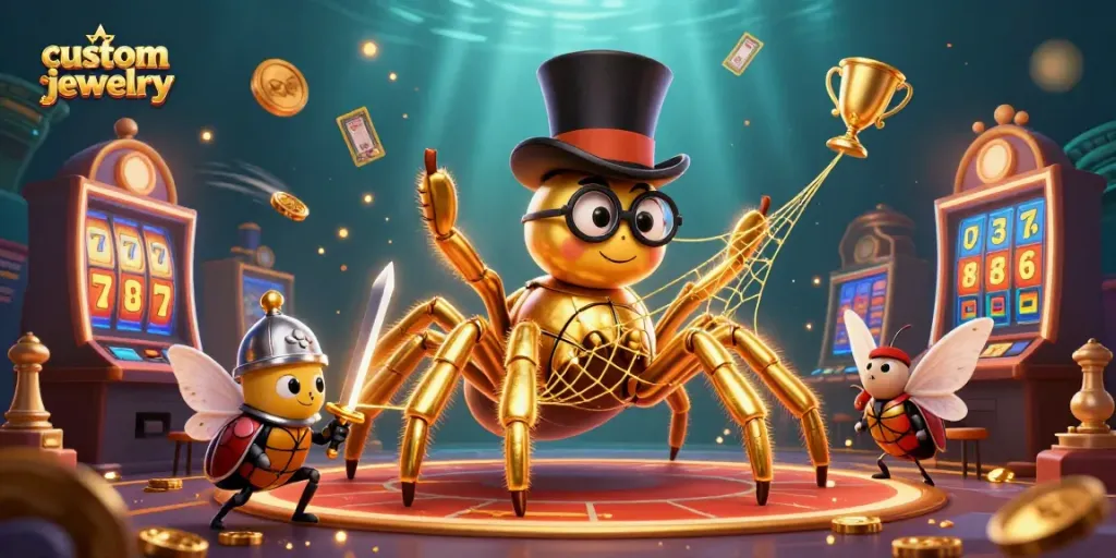 Engage in custom jewelry at the casino with a golden tarantula and beetle knight in this vibrant scene.