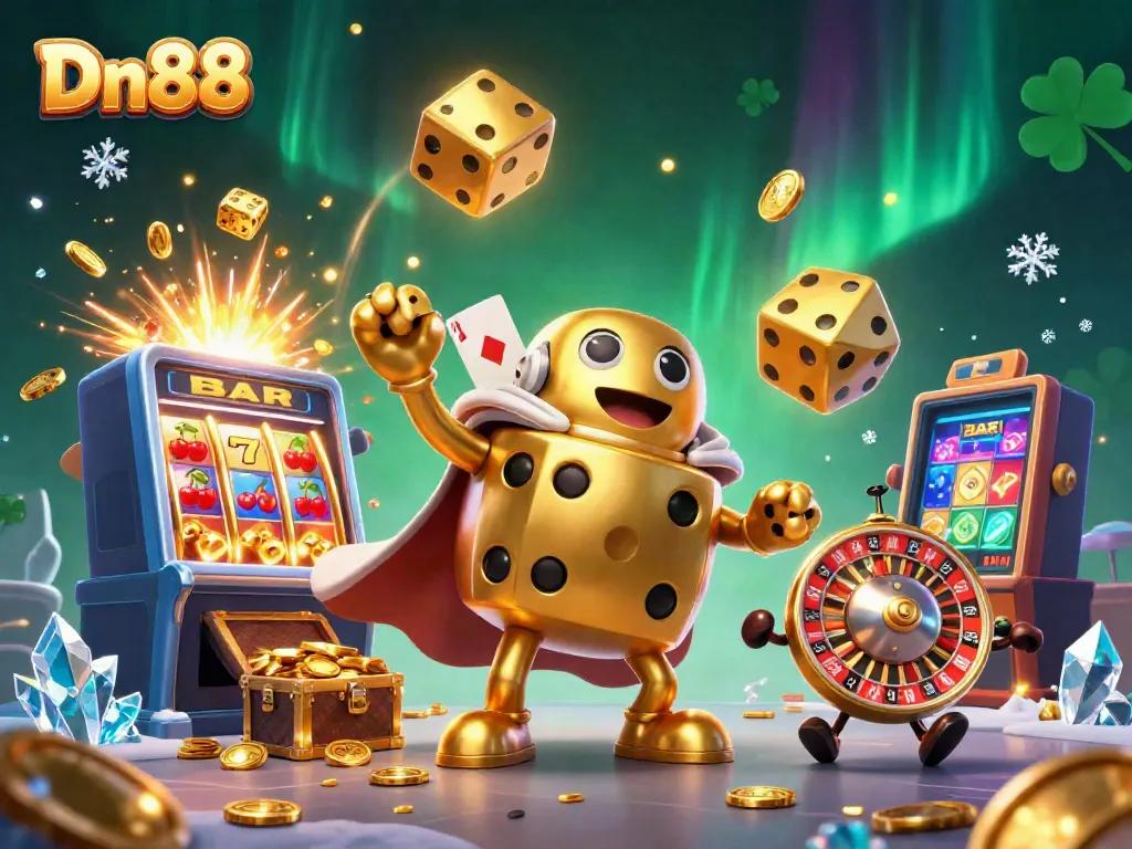 Experience thrilling Dn88 casino action in this dynamic 3D illustration of a golden dice golem.