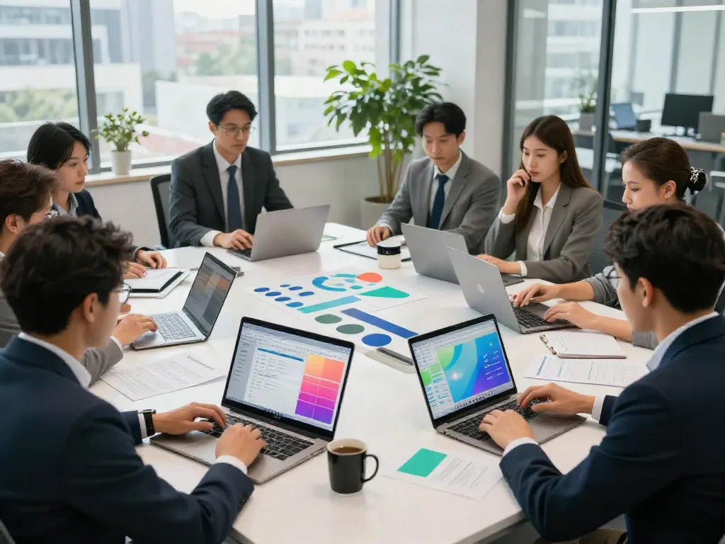 Collaborative team using tax software for multiple locations in a modern office setting.