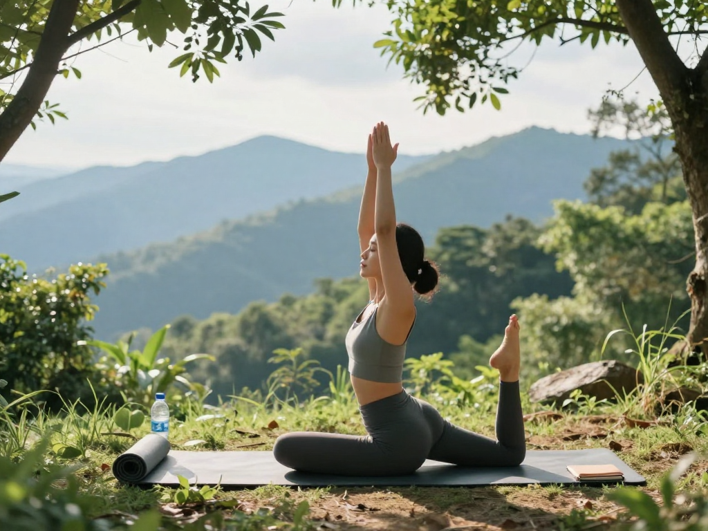 Embracing mantra88, individual practicing yoga with nature backdrop promoting holistic wellness.