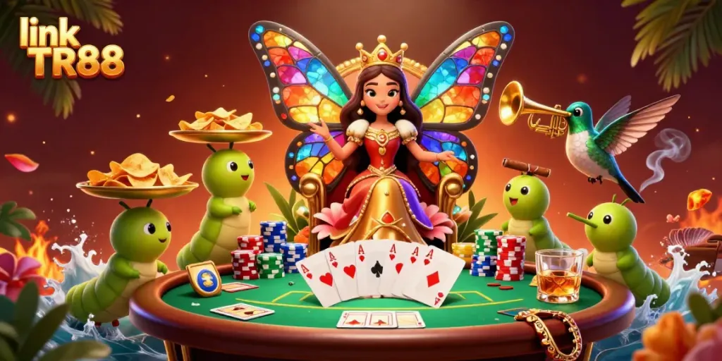 Engage with link TR88 at a vibrant casino scene featuring a butterfly queen and poker elements.