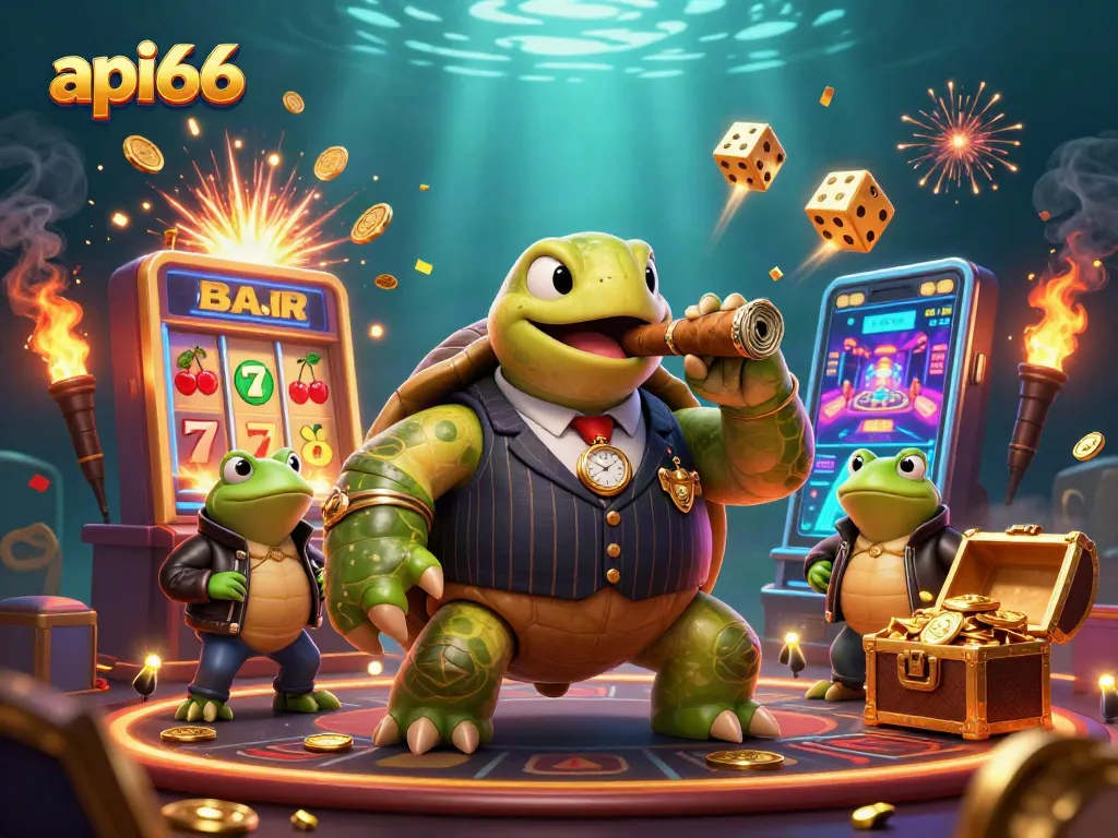 Experience the thrill of api66 gaming with a cartoon turtle in a vibrant casino scene.