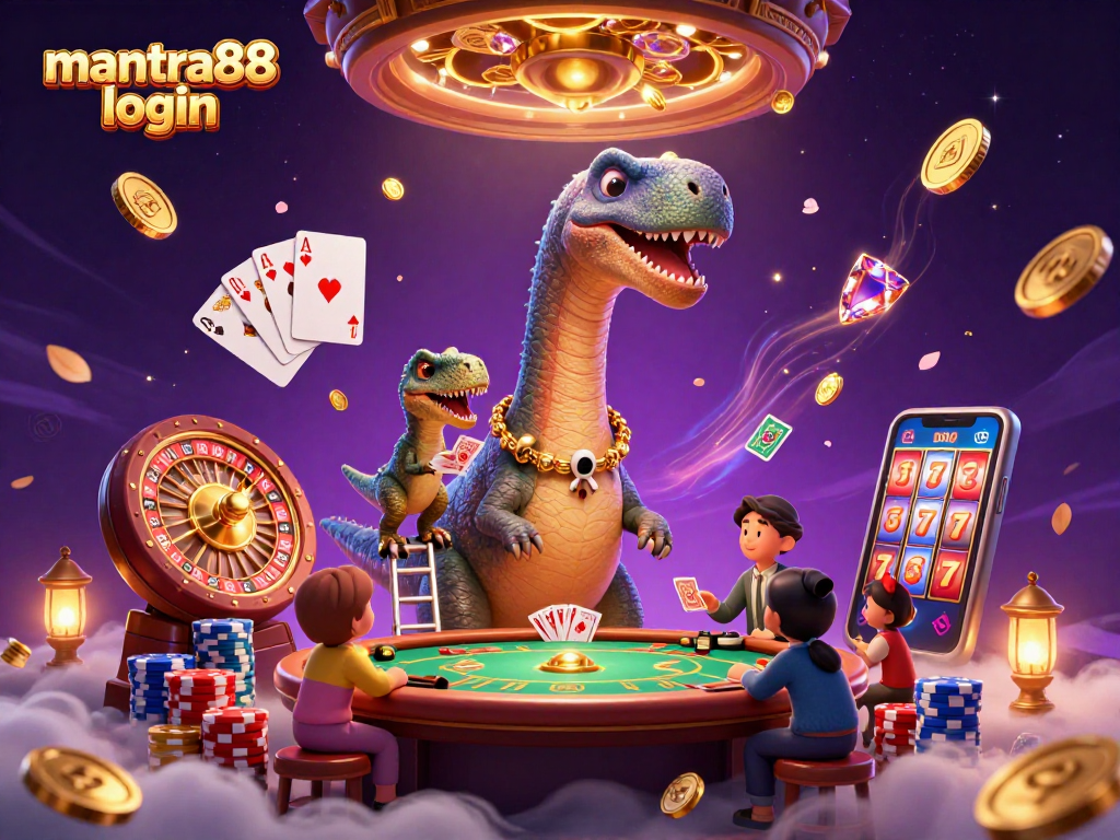 Join the excitement of gaming at mantra88 login with a vibrant scene featuring a playful brontosaurus and clever raptor in an animated casino atmosphere.