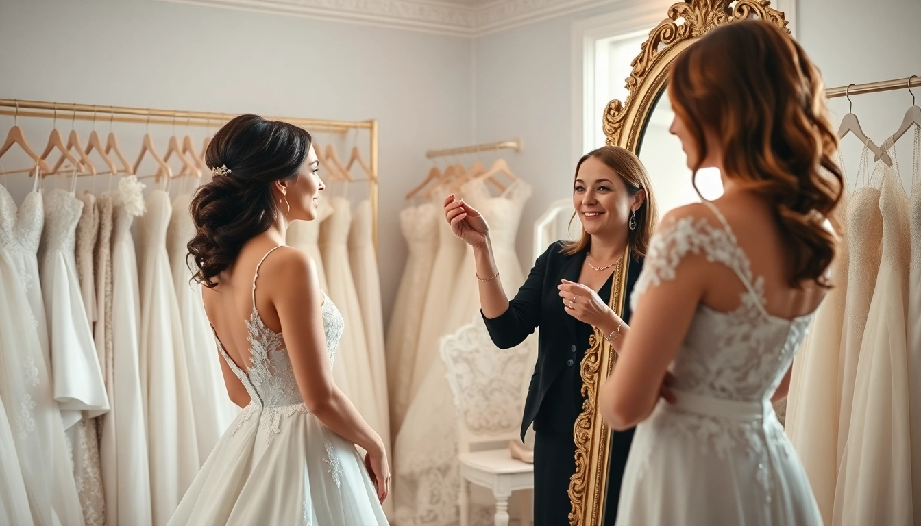 Bridal styling session where a bride receives expert assistance for her wedding gown.