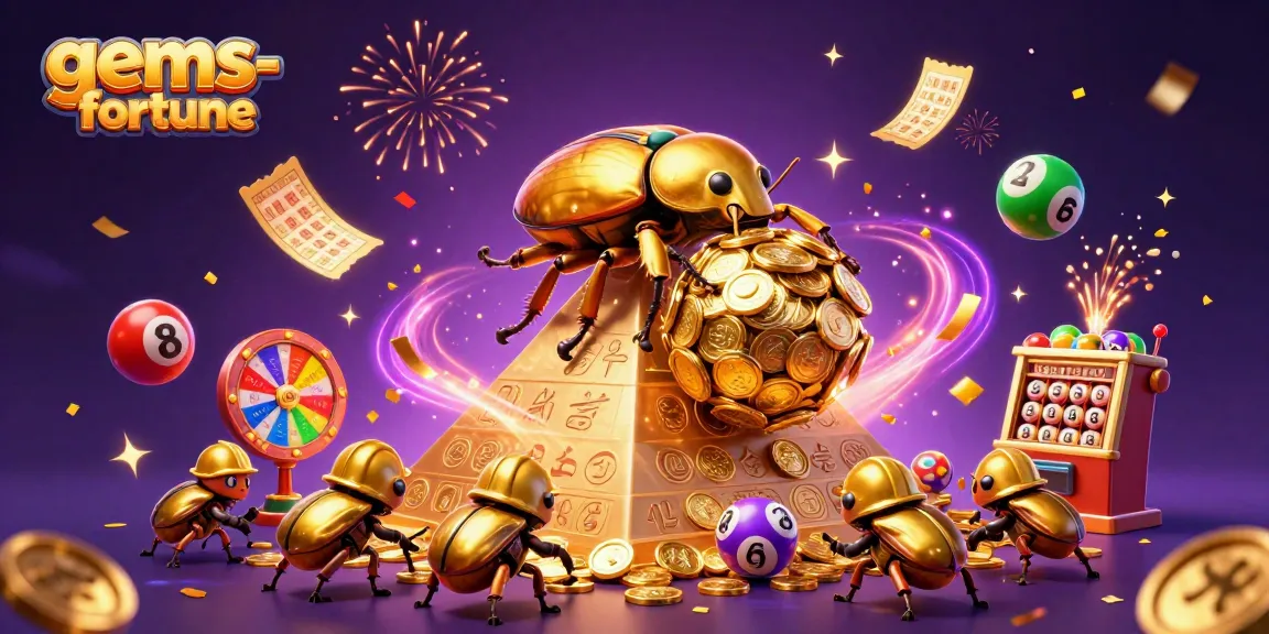 Engage with gems-fortune through a vibrant 3D illustration showcasing a beetle and dynamic casino elements.