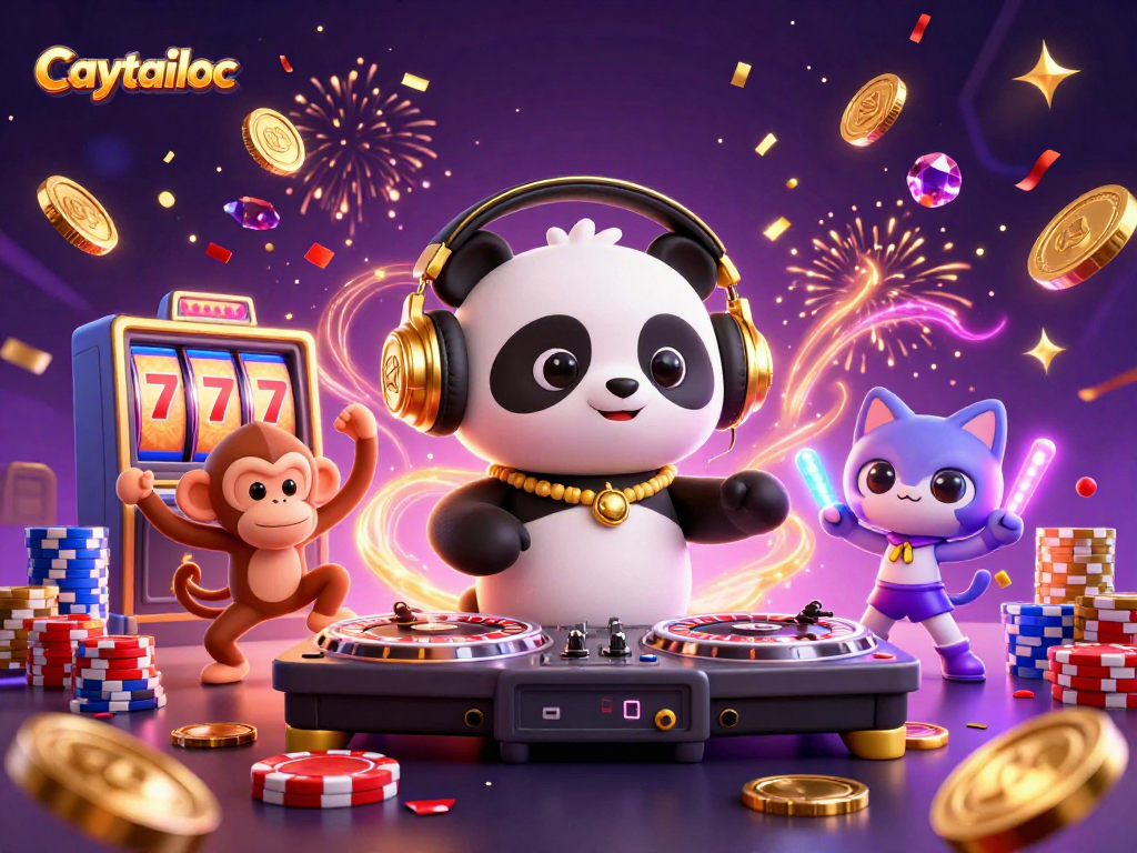 Experience big wins with caytailoc as DJ panda spins on roulette-inspired turntables surrounded by vibrant casino elements.