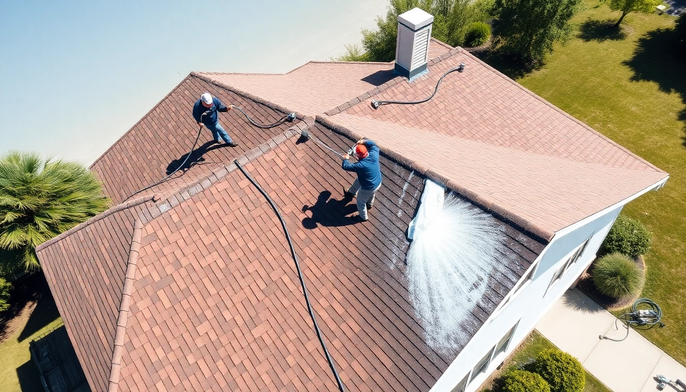 Roof Cleaning with professional crew removing dirt and debris from shingles on a sunny day.