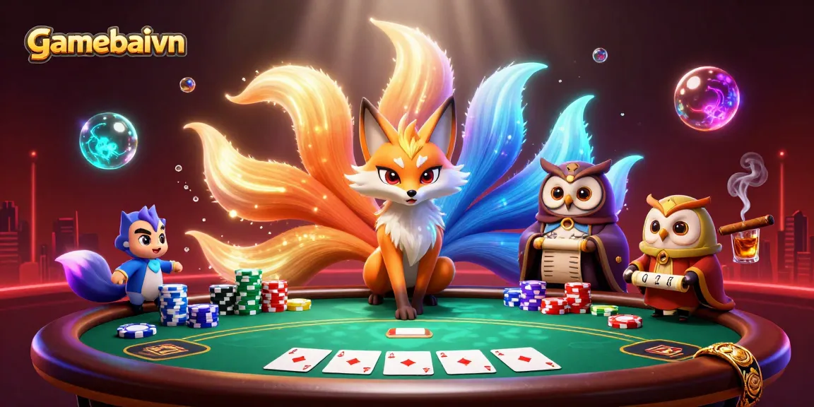 Engage in thrilling poker gameplay with gamebaivn amidst vibrant characters and colorful elements.