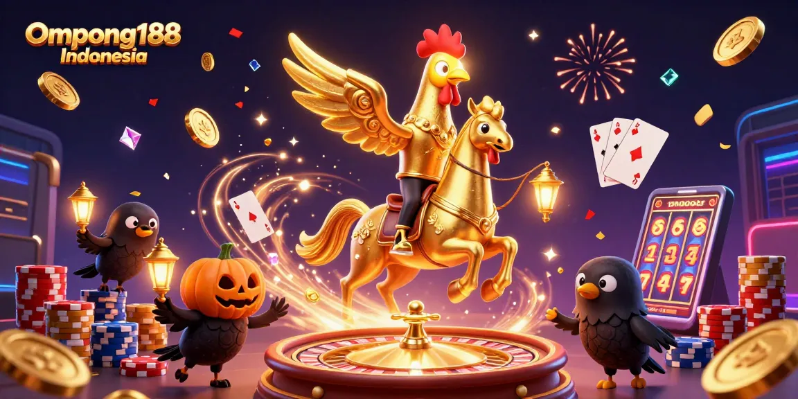 Ompong188 Indonesia dan simbol keberuntungan dalam ilustrasi kasino malam yang mempesona.