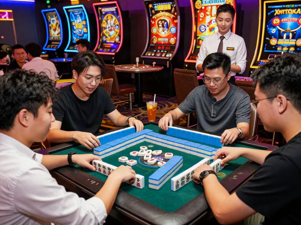 Friends enjoying a game of Mahjong at Slot MAHJONGJP88 in a vibrant casino setting.