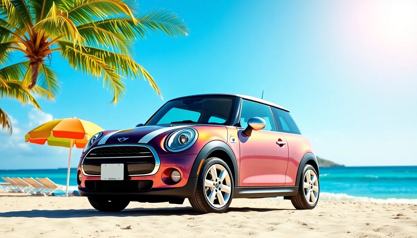 Experience st barts mini cooper rental with a Mini Cooper parked on the beach, vibrantly embodying island life.
