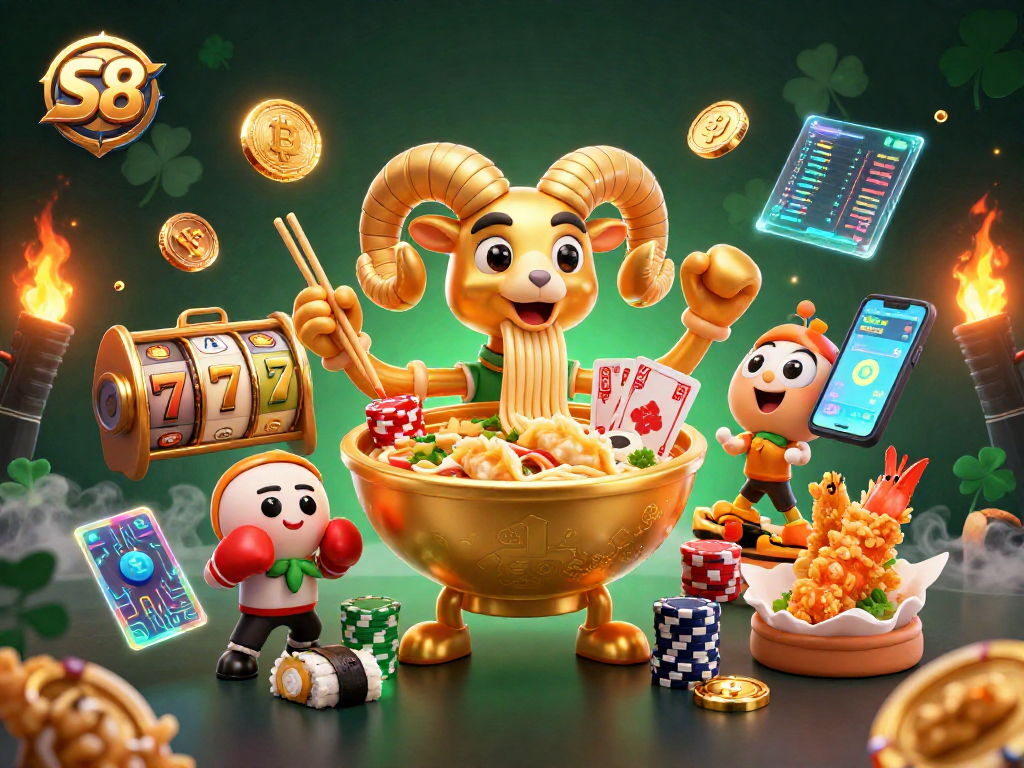 S8 presents a vibrant casino scene with exciting characters and gambling elements like slot reels and neon coins.