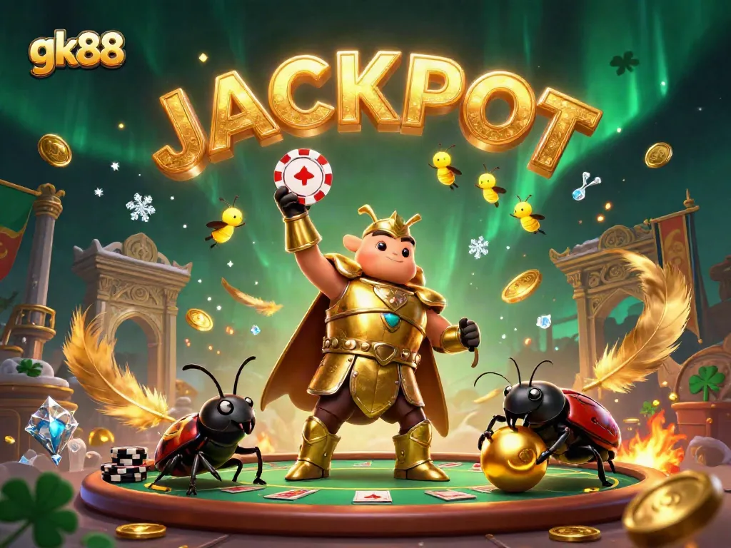 Win big with gk88 as the golden armored beetle lifts a poker chip in a vibrant 3D casino scene.