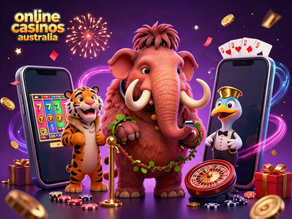Engaging scene illustrating online casinos Australia featuring a woolly mammoth bouncer, saber-tooth VIP, and dodo doorman.