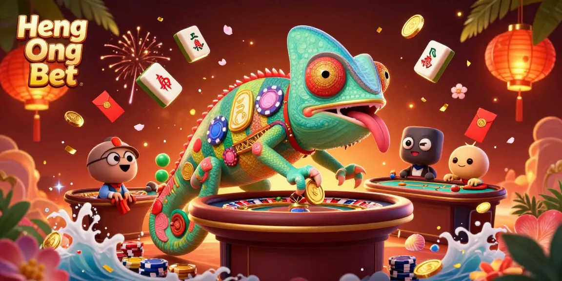 Engage with Heng Ong Bet's vibrant casino scene featuring a chameleon owner and dynamic game elements.